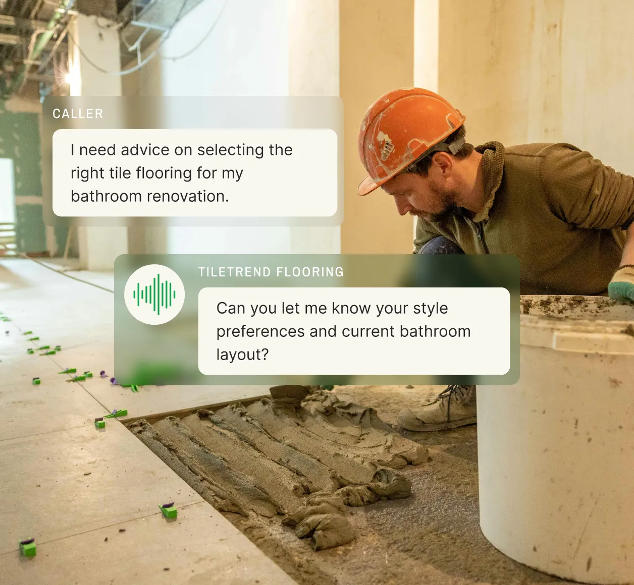 A construction worker installs tile flooring in a bathroom while a text exchange from a flooring answering service shows a caller seeking advice on tile selection and receiving a response asking about style preferences and the bathroom layout.