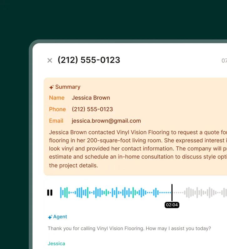 A phone call summary screen shows a detailed transcription of a customer's inquiry about a flooring estimate, demonstrating how a flooring answering service can capture important client details and preferences.