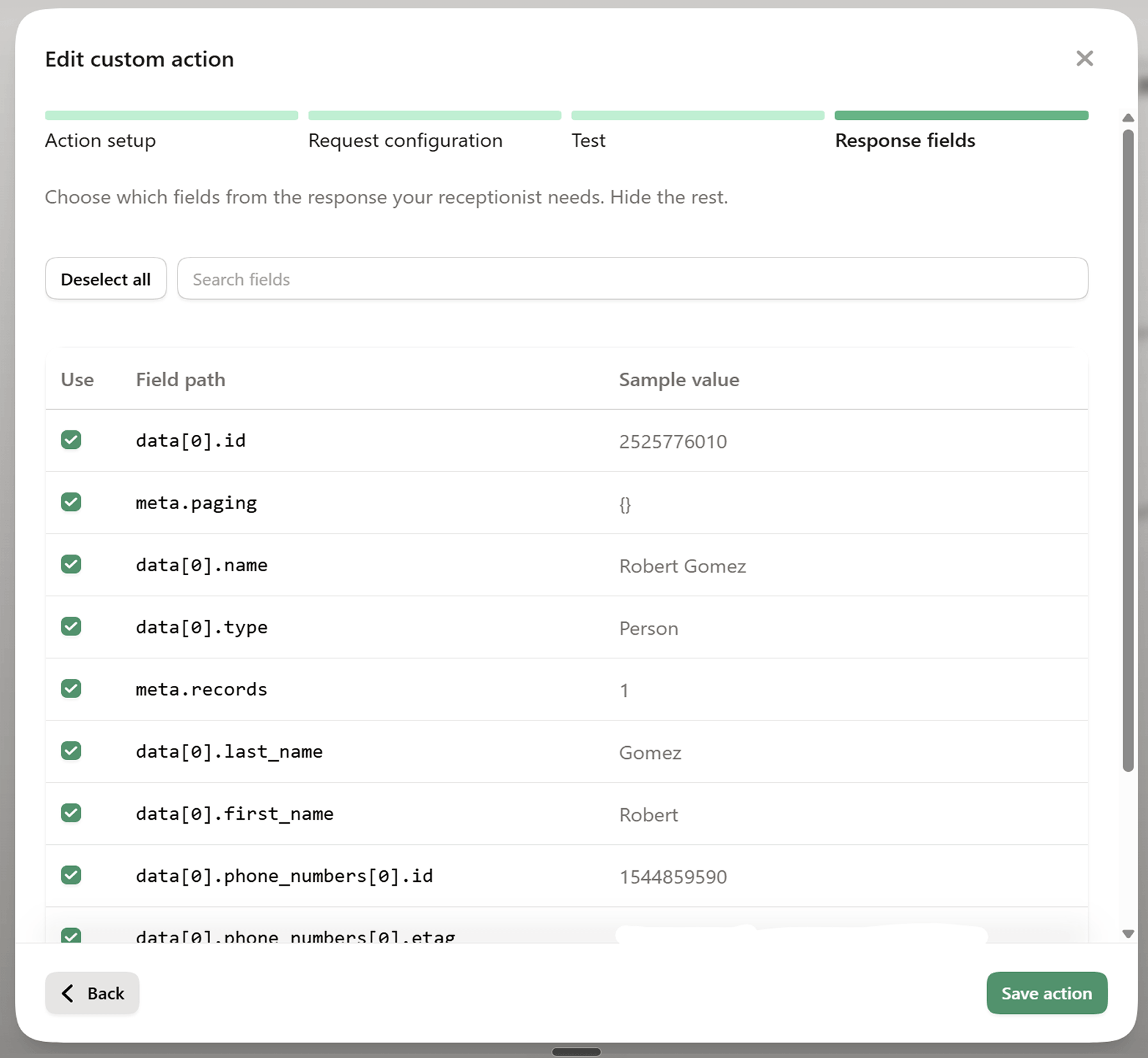 Testing and saving the contact lookup action in Upfirst