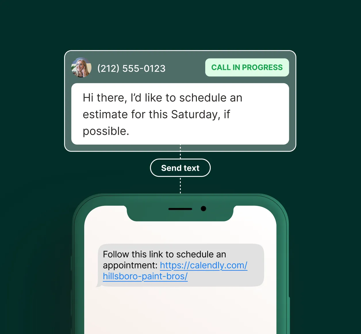 A painter answering service sends a Calendly scheduling link by text after a caller requests an estimate for Saturday.