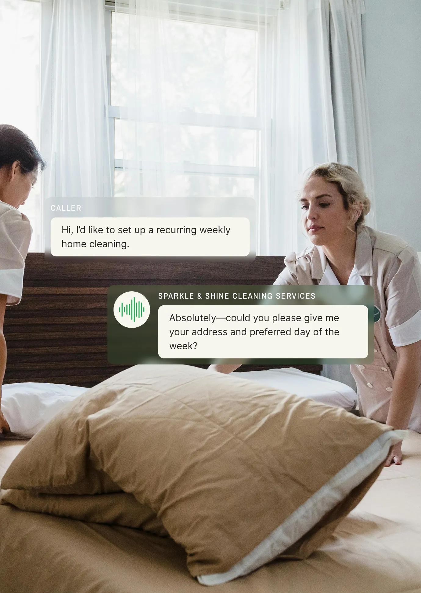 Two cleaning professionals make a bed while a cleaning service answering service helps a caller set up weekly home cleanings.