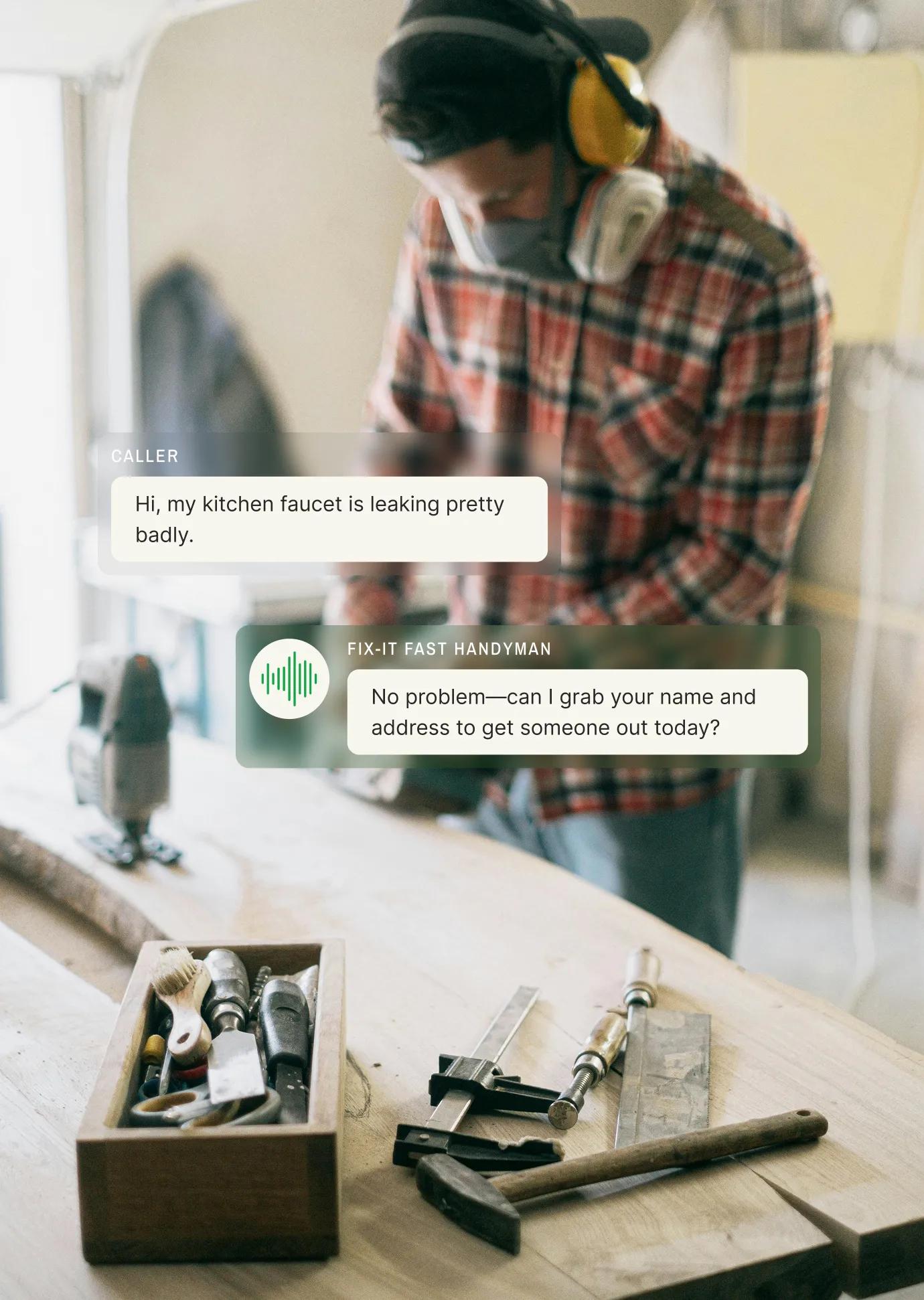 A handyman call center answering service collects caller info for same-day kitchen faucet repair.