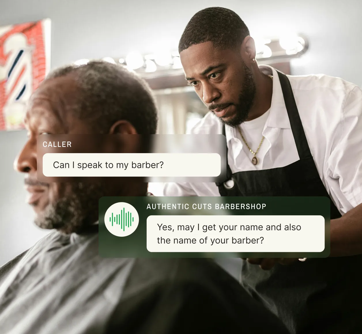 A prompt phone system responds to a barber shop caller by requesting their name and barber's name.