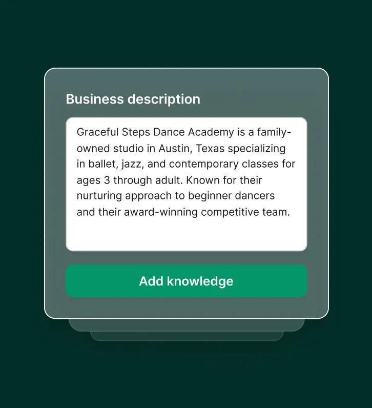 Setting up a business description inside an answering service for dance studios during onboarding.