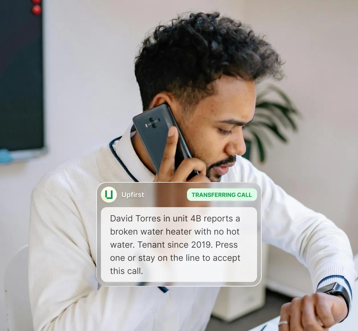 A live call transfer is occurring for a property manager. Their receptionist calls them to report that one of their tenants is having issues with their water heater, and they have the option to accept the call transfer or not.