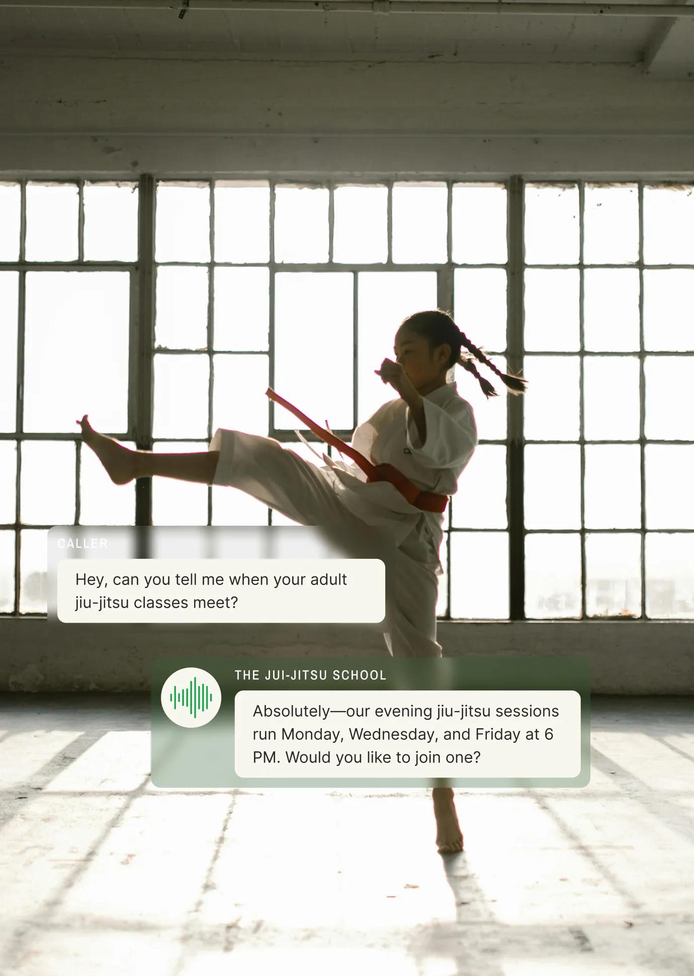 A martial arts answering service replies to a question about adult jiu-jitsu class times during a call.