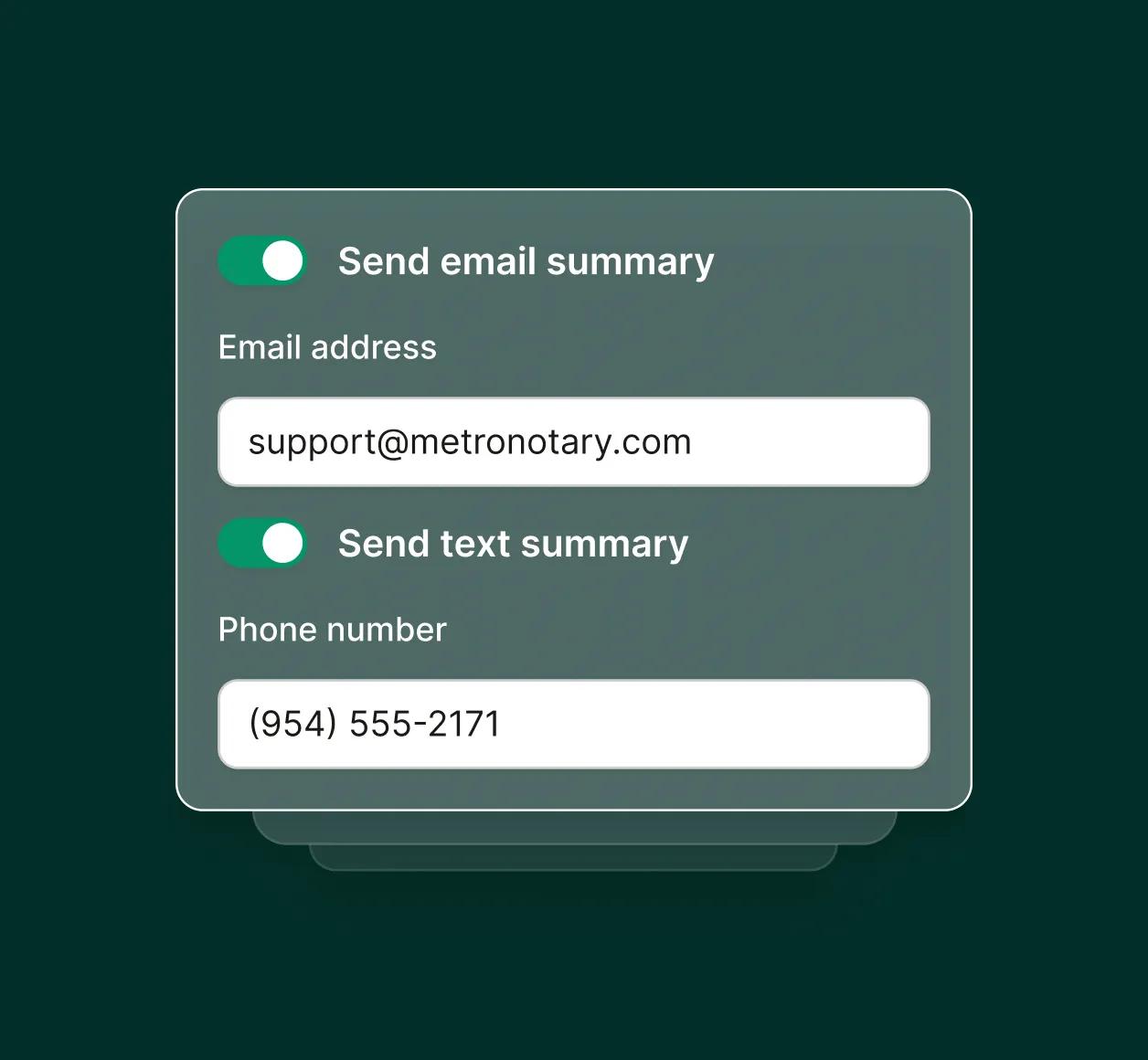 Settings panel for a retail answering service showing SMS and email summary notifications enabled.