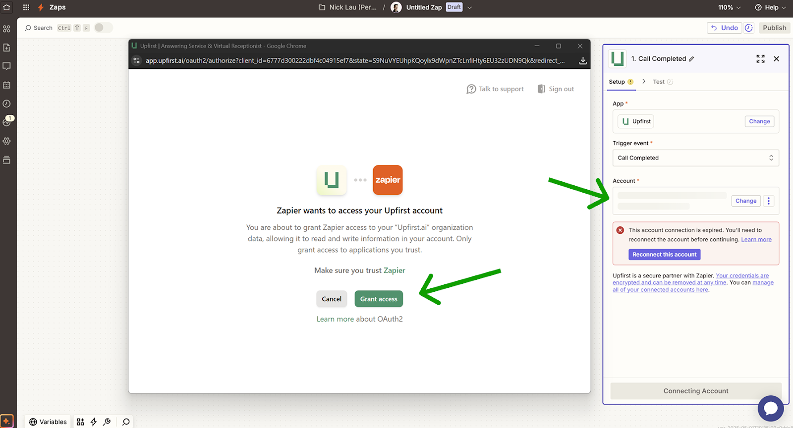 A Zapier OAuth consent screen showing the AI answering service requesting permission to connect for how to automate phone calls with AI and Zapier.
