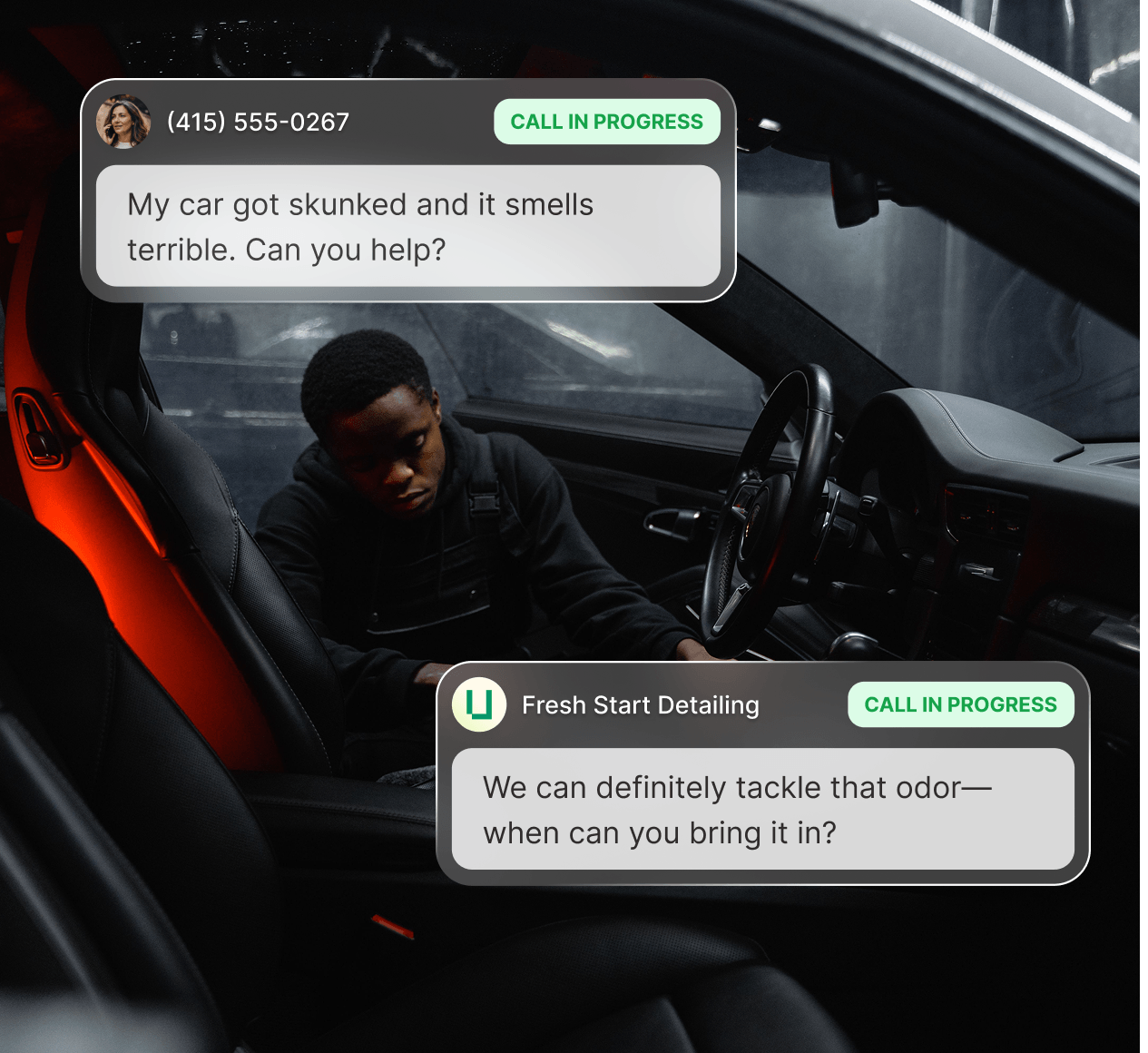 Upfirst AI receptionist handling a bilingual Spanish and English call for a car detailing business.