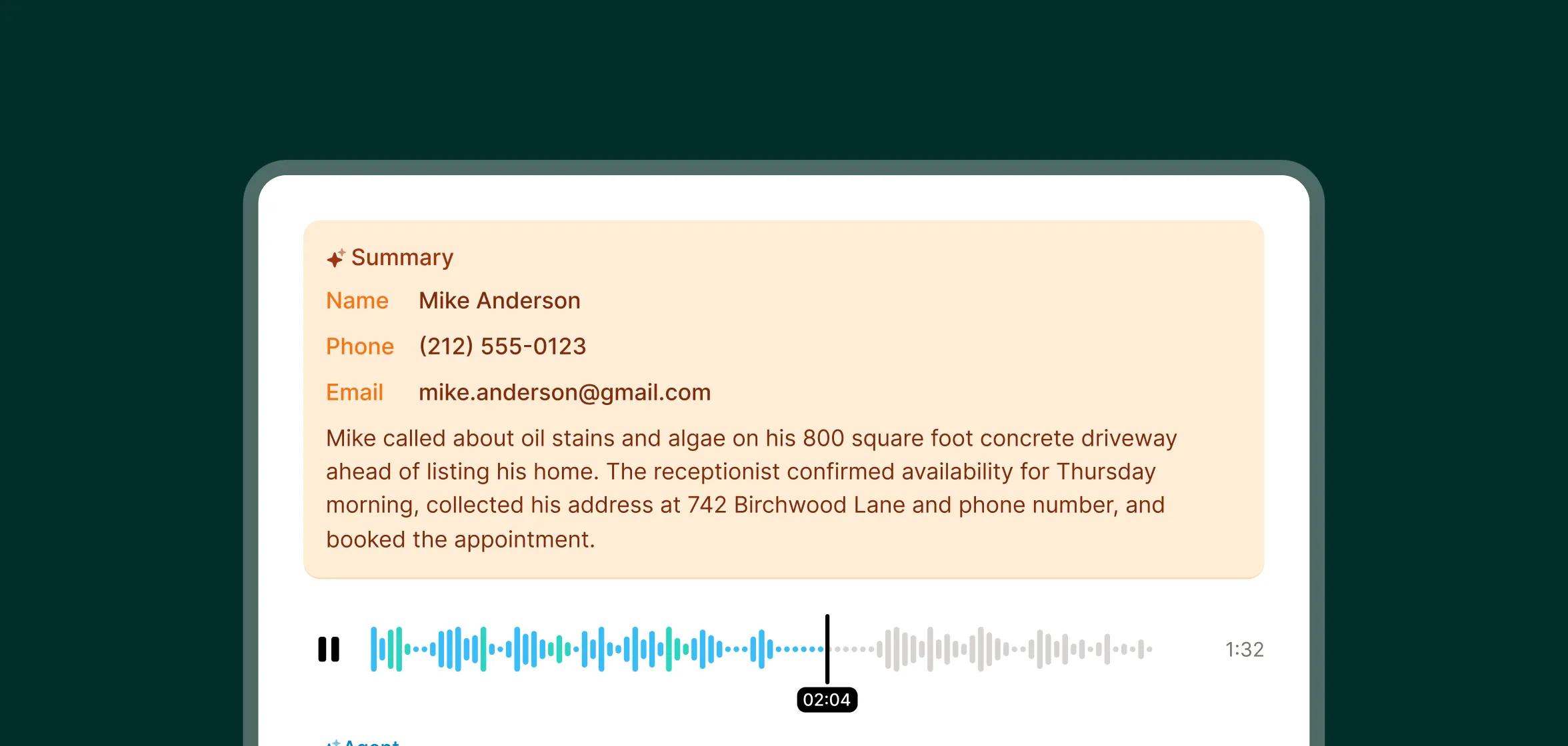 A call summary from a power washing answering service showing caller details and notes about a driveway cleaning appointment that was booked.