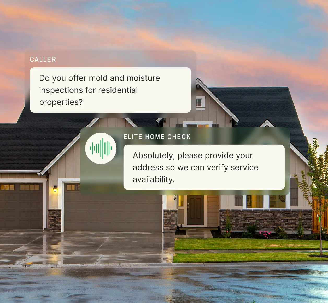 A homeowner asks about mold inspections, and the home inspector answering service requests the address for availability.