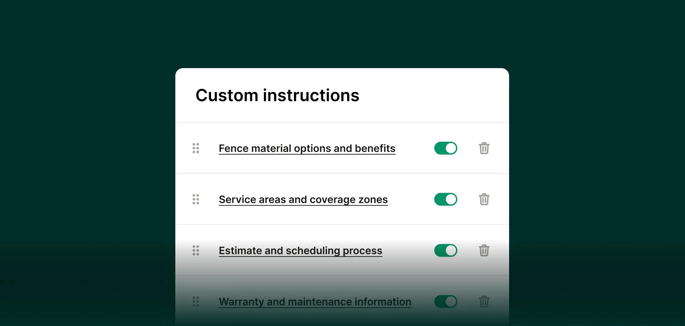 An example of training an AI receptionist from an answering service for fencing companies on the specifics about a fencing company