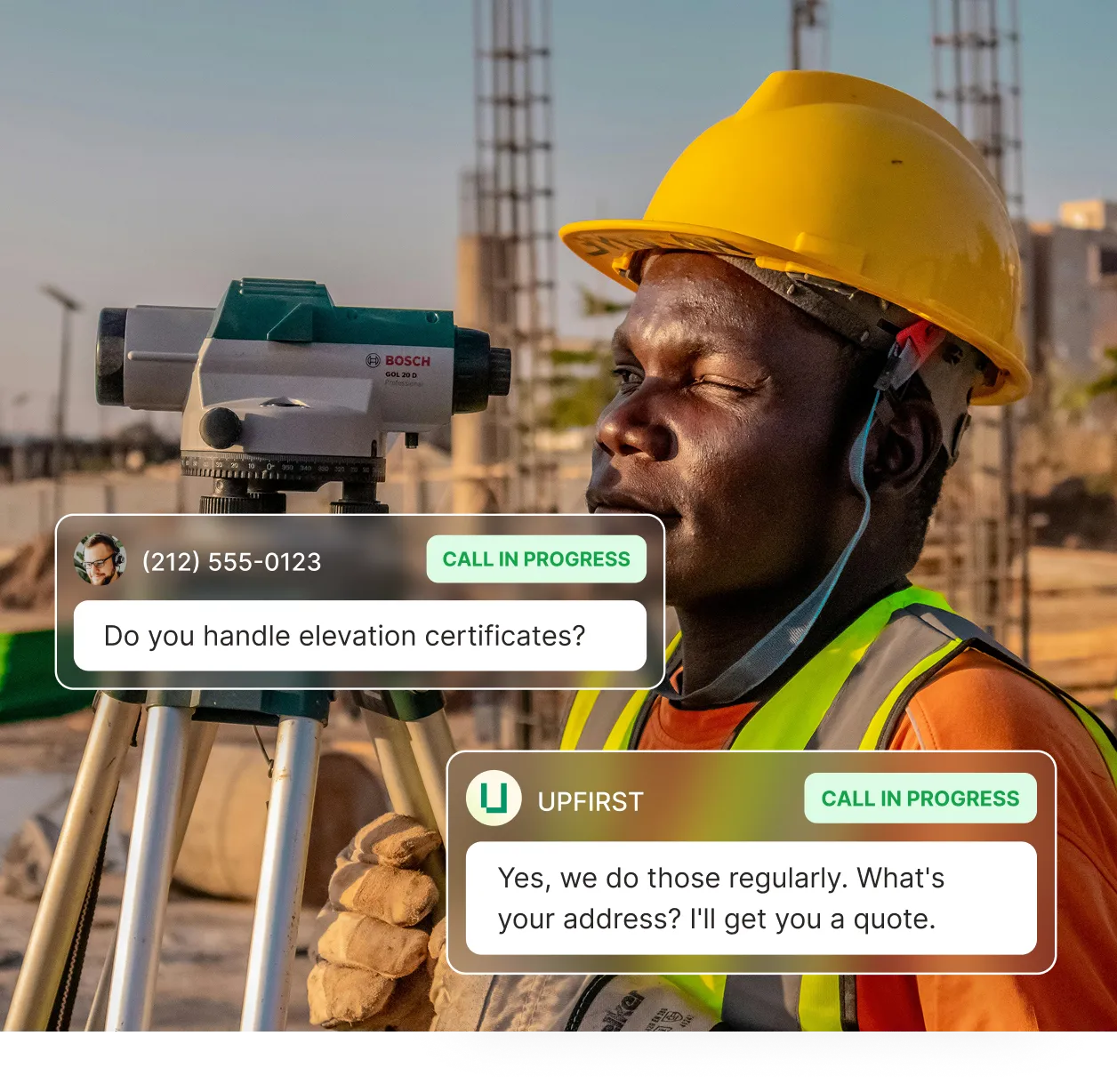 A call answering service for surveyors confirming elevation certificate services and collecting the caller's address for a quote.