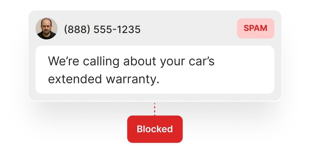 Spam call detected and automatically blocked by AI receptionist, featuring a fake car warranty call example.