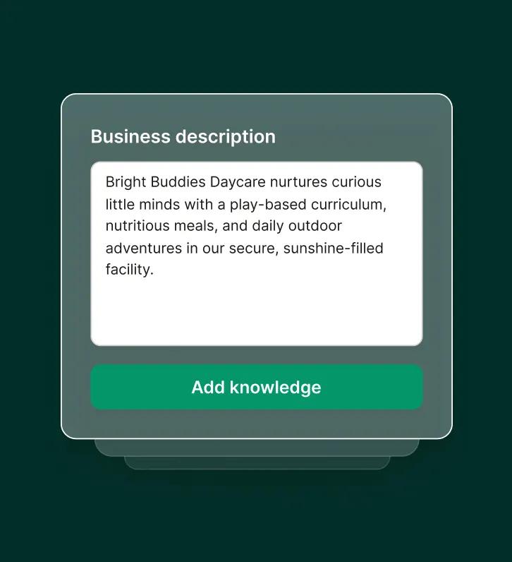 A daycare answering service interface shows how to add a business description highlighting curriculum, meals, and safety.