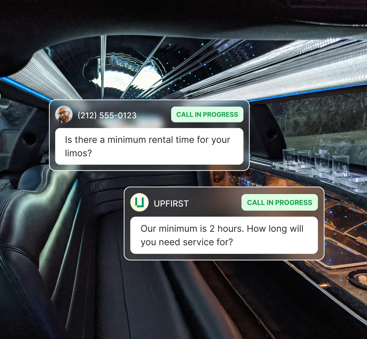The interior of a luxury limousine is shown while a caller asks about minimum rental time and the limo answering service explains the two-hour minimum.
