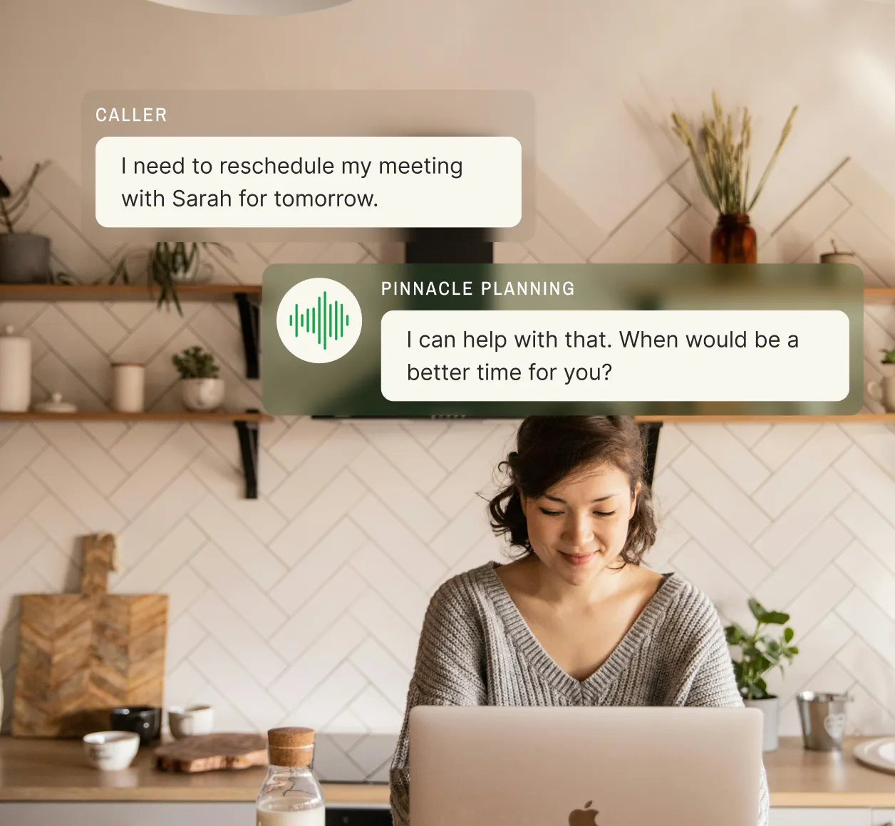 Finance answering service helping to reschedule client meeting, showing virtual receptionist using laptop in modern workspace