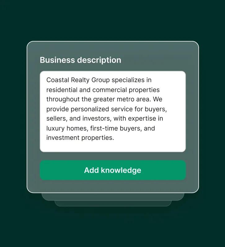 A real estate answering service form displays a business description ready to add to the agent's knowledge.