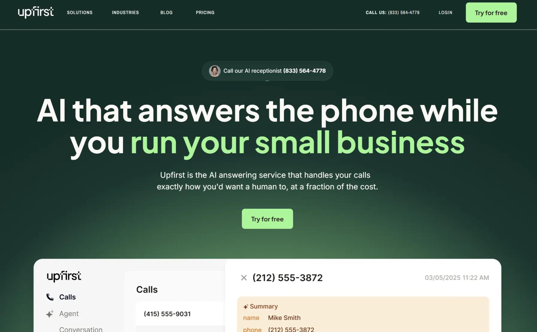 A screenshot of the Upfirst website, showing how small business can use it as a phone tree system.