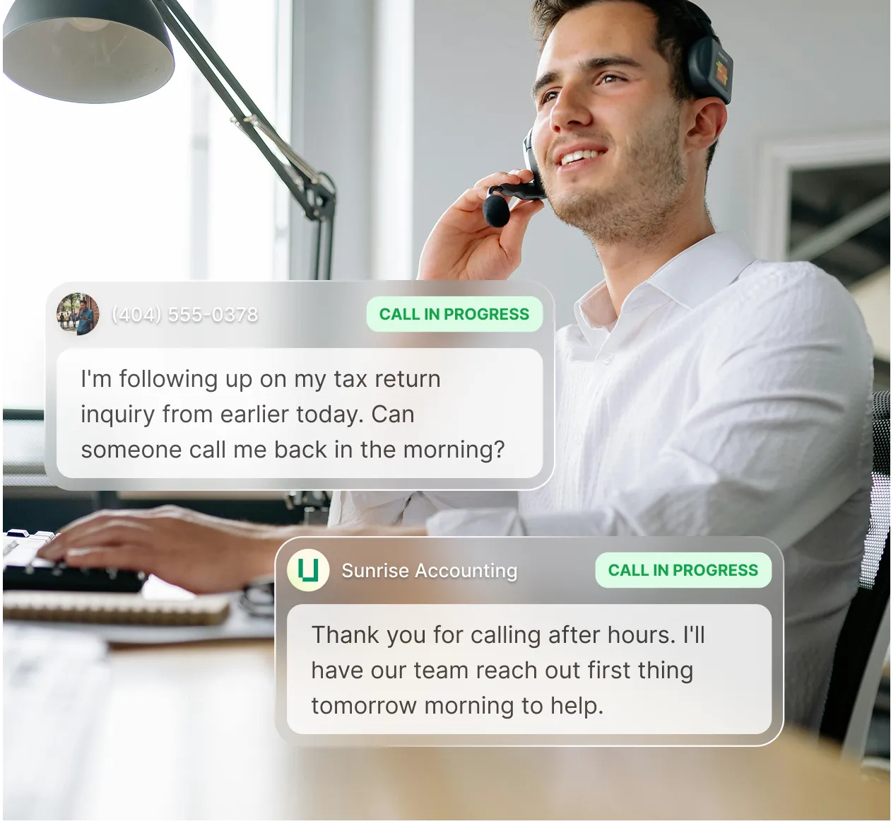A small business owner working while their AI receptionist answers a call and texts a summary.