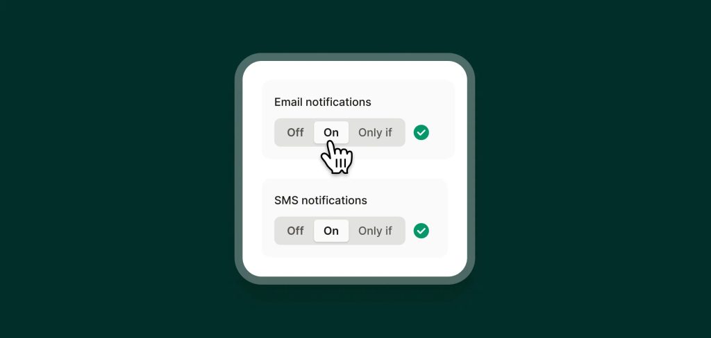 AI receptionist with call summaries notification settings showing email and SMS toggle options set to on.
