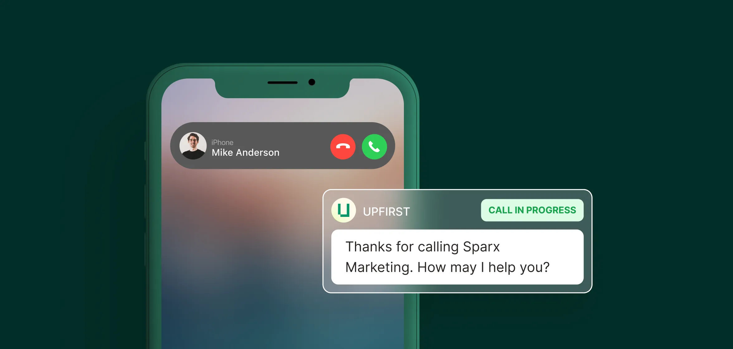 A smartphone displays an active call while the answering service for a marketing agency greets the caller and offers help.