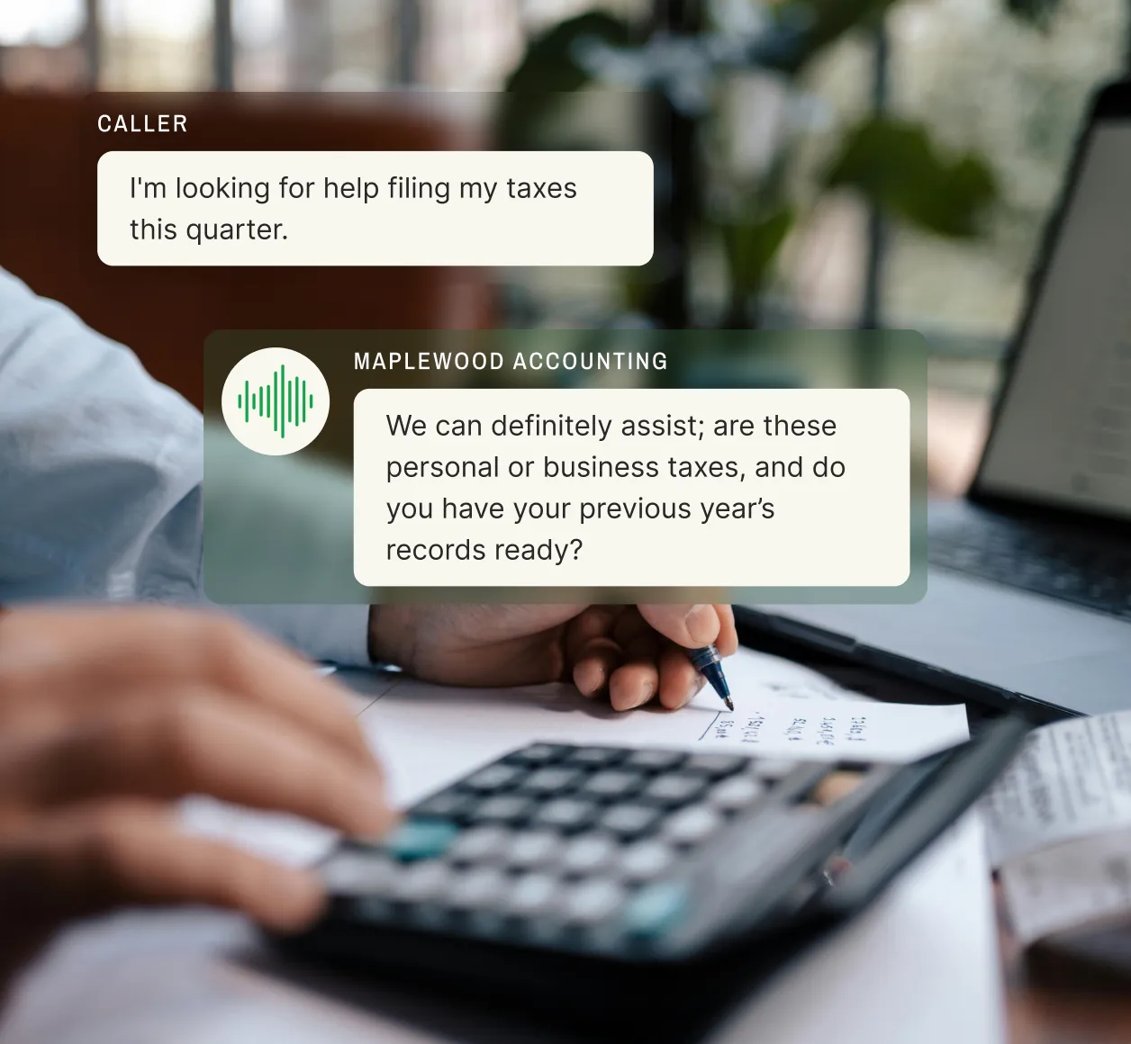 Caller seeks help with tax filing and a lead qualification service leverages 24/7 call capture to ask if it concerns personal or business taxes and prior-year records