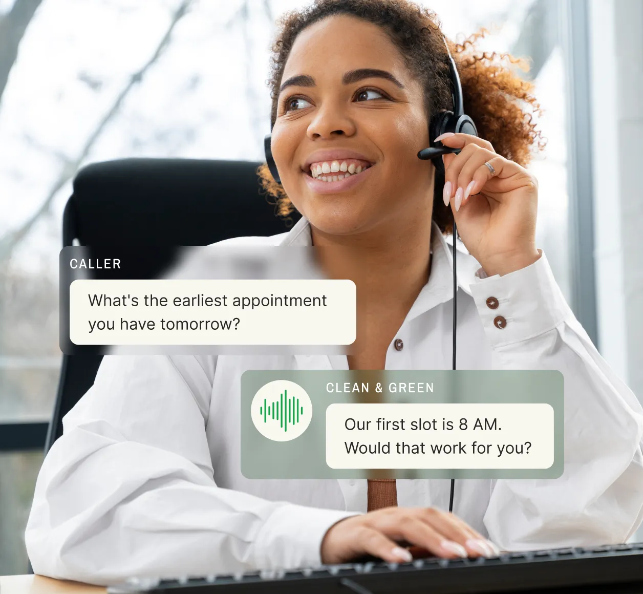 Smiling customer service representative wearing headset with chat overlay showing carpet cleaning answering service scheduling morning appointments