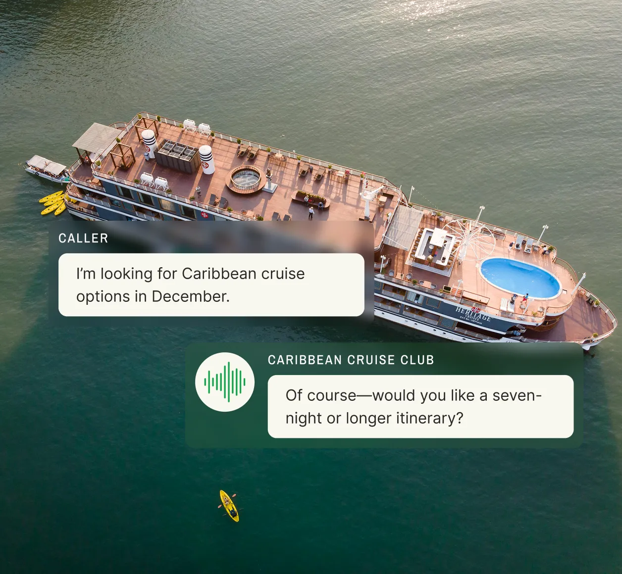An answering service for travel agents handles a call about Caribbean cruise options in December and asks if the caller prefers a seven-night or longer itinerary.