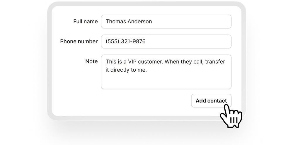 Upfirst's AI receptionist interface showing the ability to add contacts.