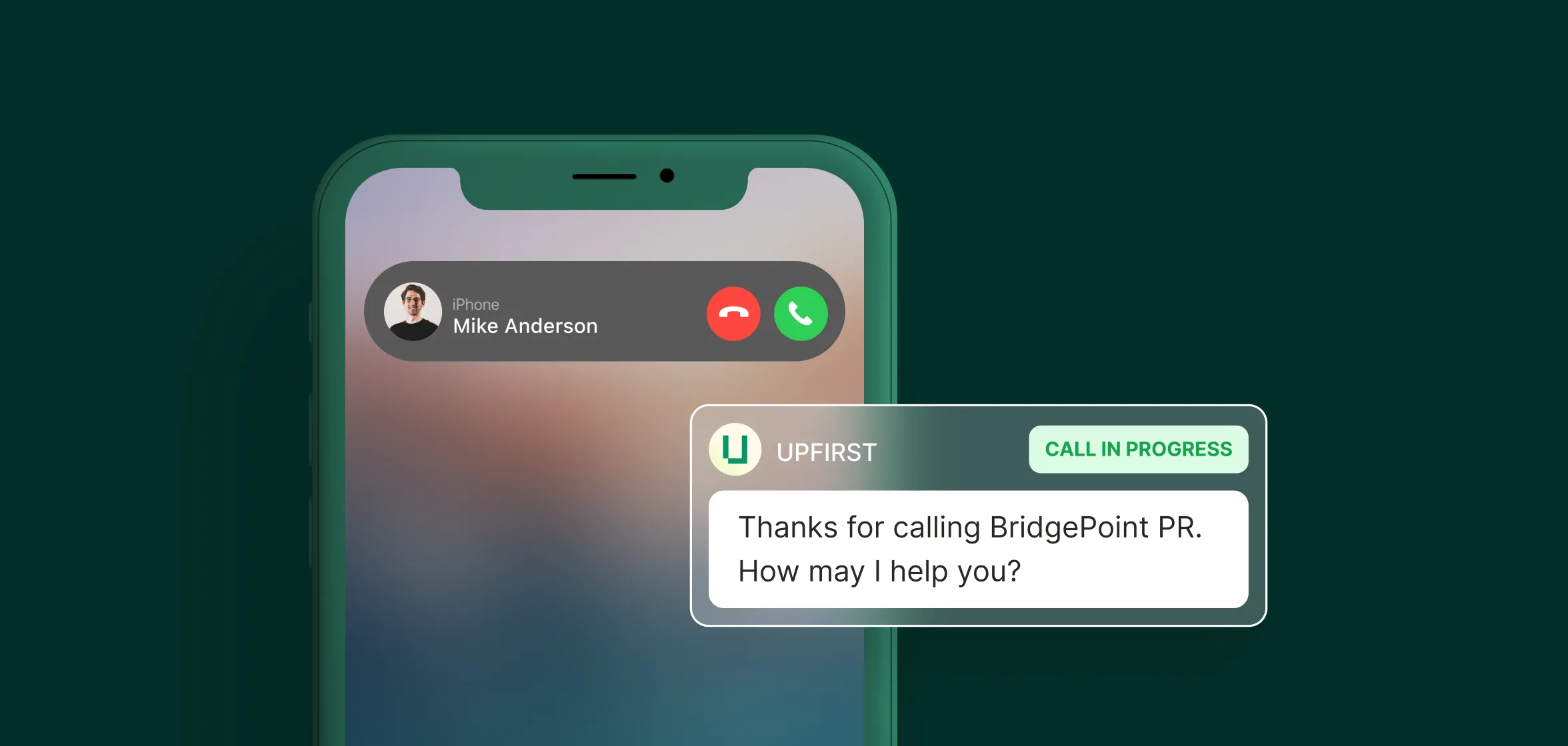An incoming call from Mike Anderson appears on a phone while the answering service for public relation firms displays a greeting message.