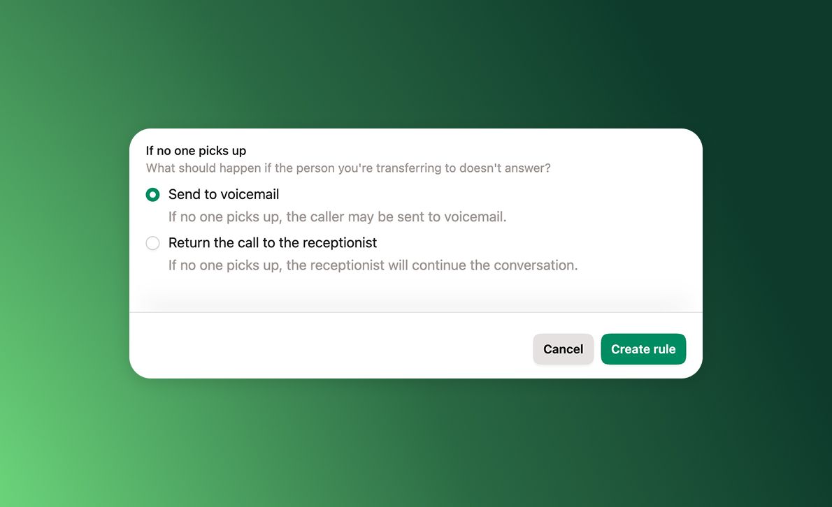 Upfirst user interface showing radio buttons that allow you to select between call transfer options 