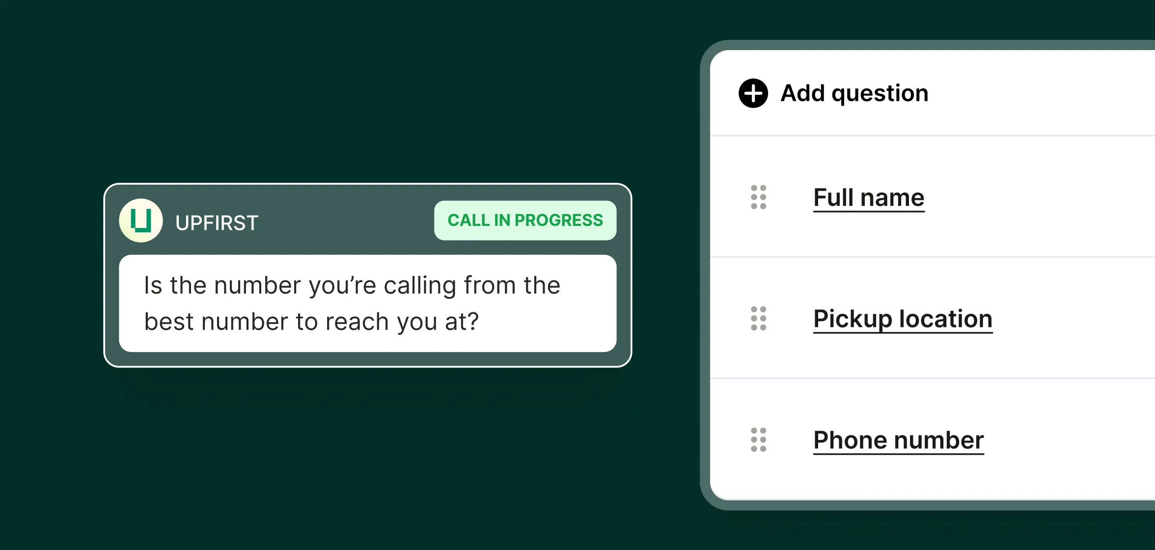 A transportation answering service asks if the caller’s number is the best contact while a form builder displays fields like full name, pickup location, and phone number.
