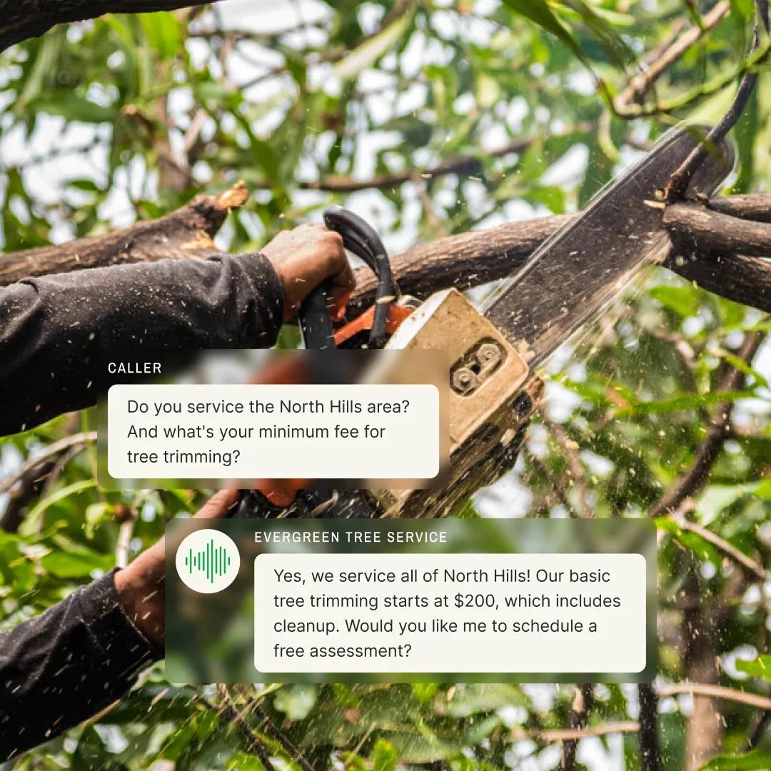 Contractor phone answering service answer a caller asking about tree trimming services.