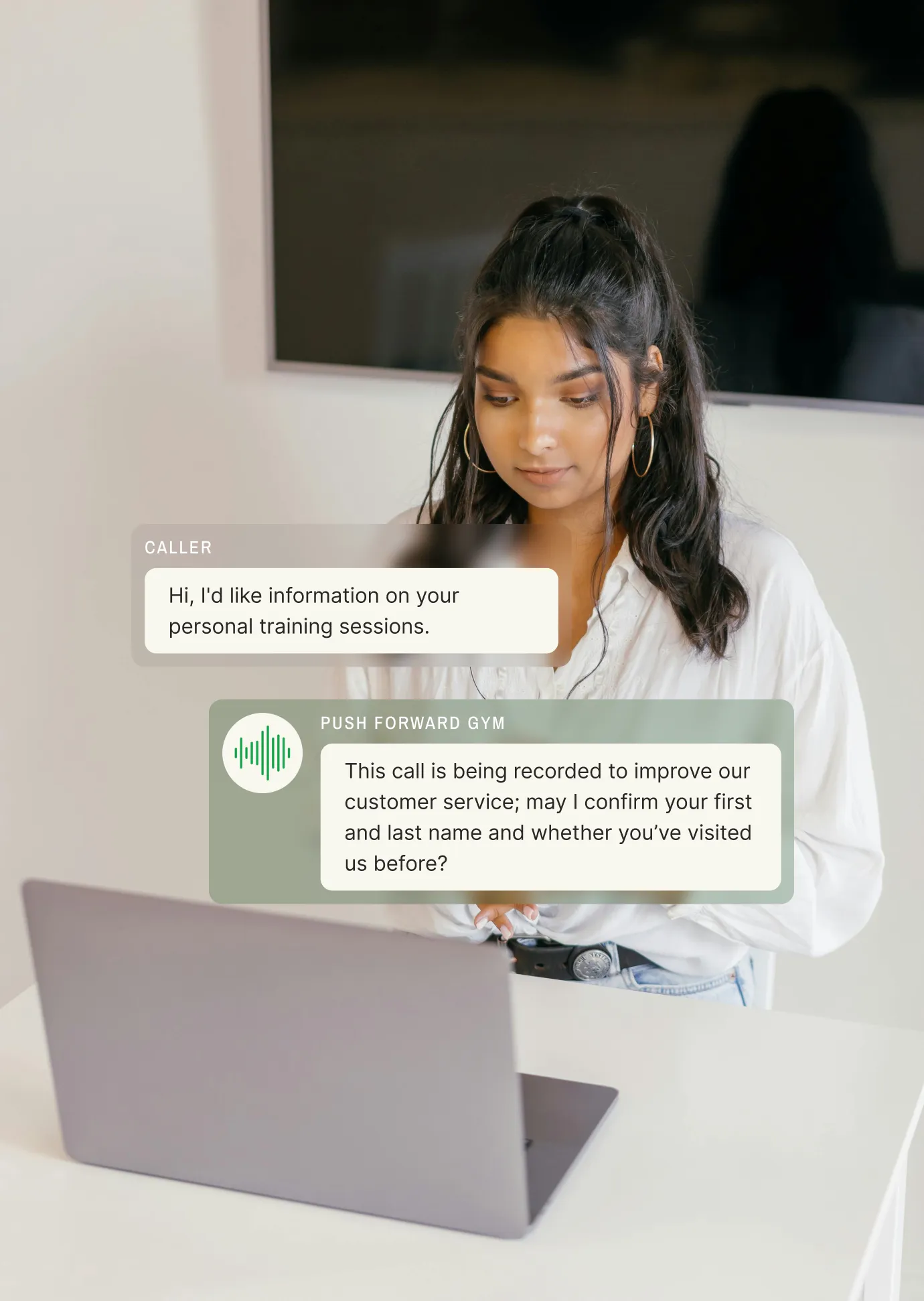 A woman sits at a laptop while a call transcript overlay shows a recorded conversation, highlighting the use of call recording software for small business.