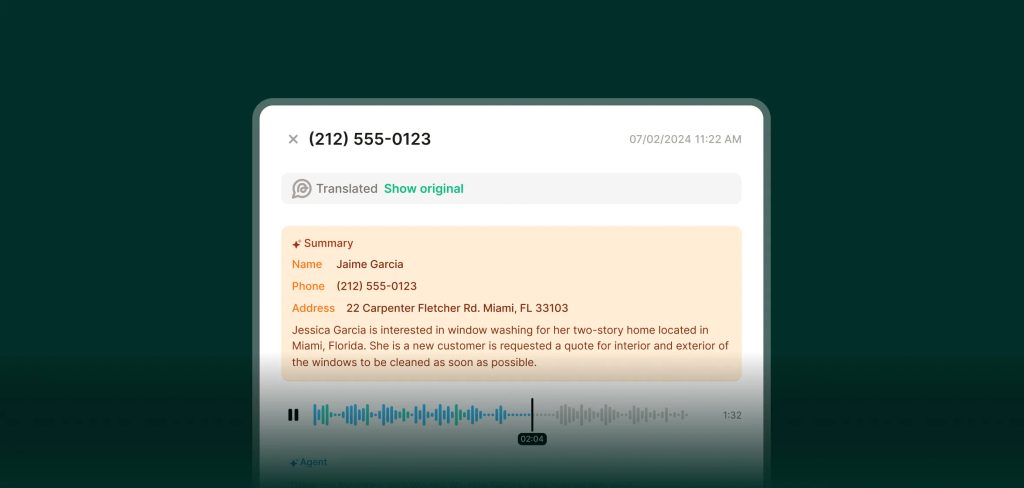 Multilingual AI receptionist call summary showing translated transcript with customer details, service request, and audio playback interface.