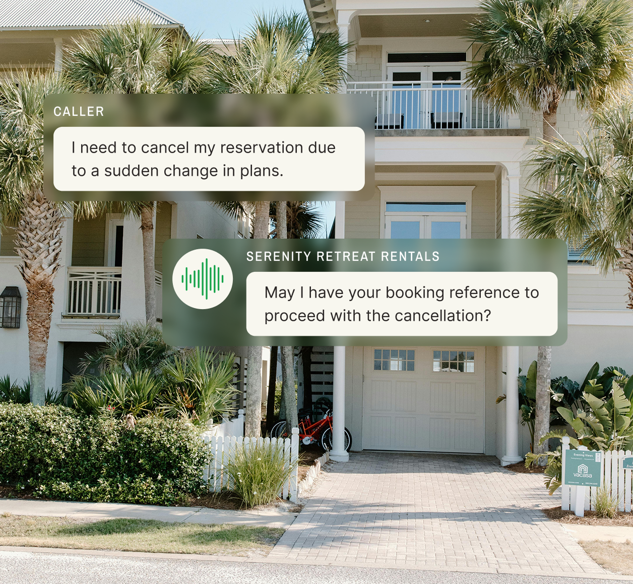 A caller asks to cancel a reservation and the vacation rental answering service requests the booking reference.