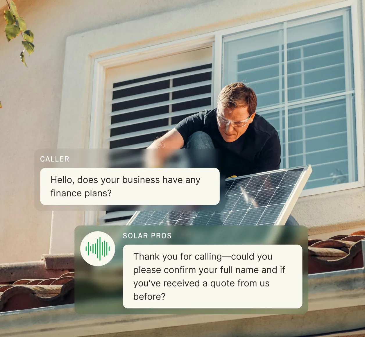 A solar panel installer working on a roof while a text conversation between a customer and a solar energy answering service appears, discussing financing options.