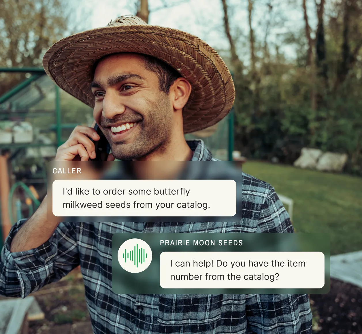Customer in gardening hat ordering specialty seeds through call center order taking service