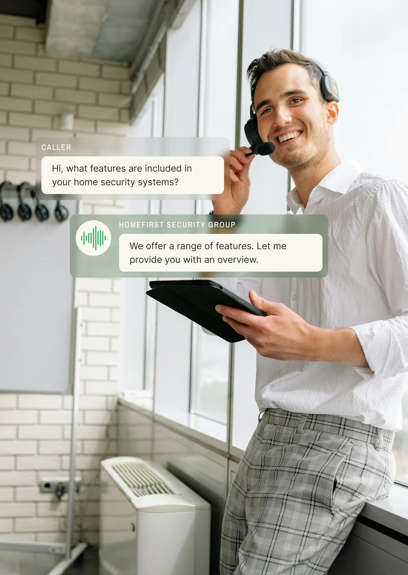 A representative explaining home security features with the help of an inbound answering service for customer inquiries.
