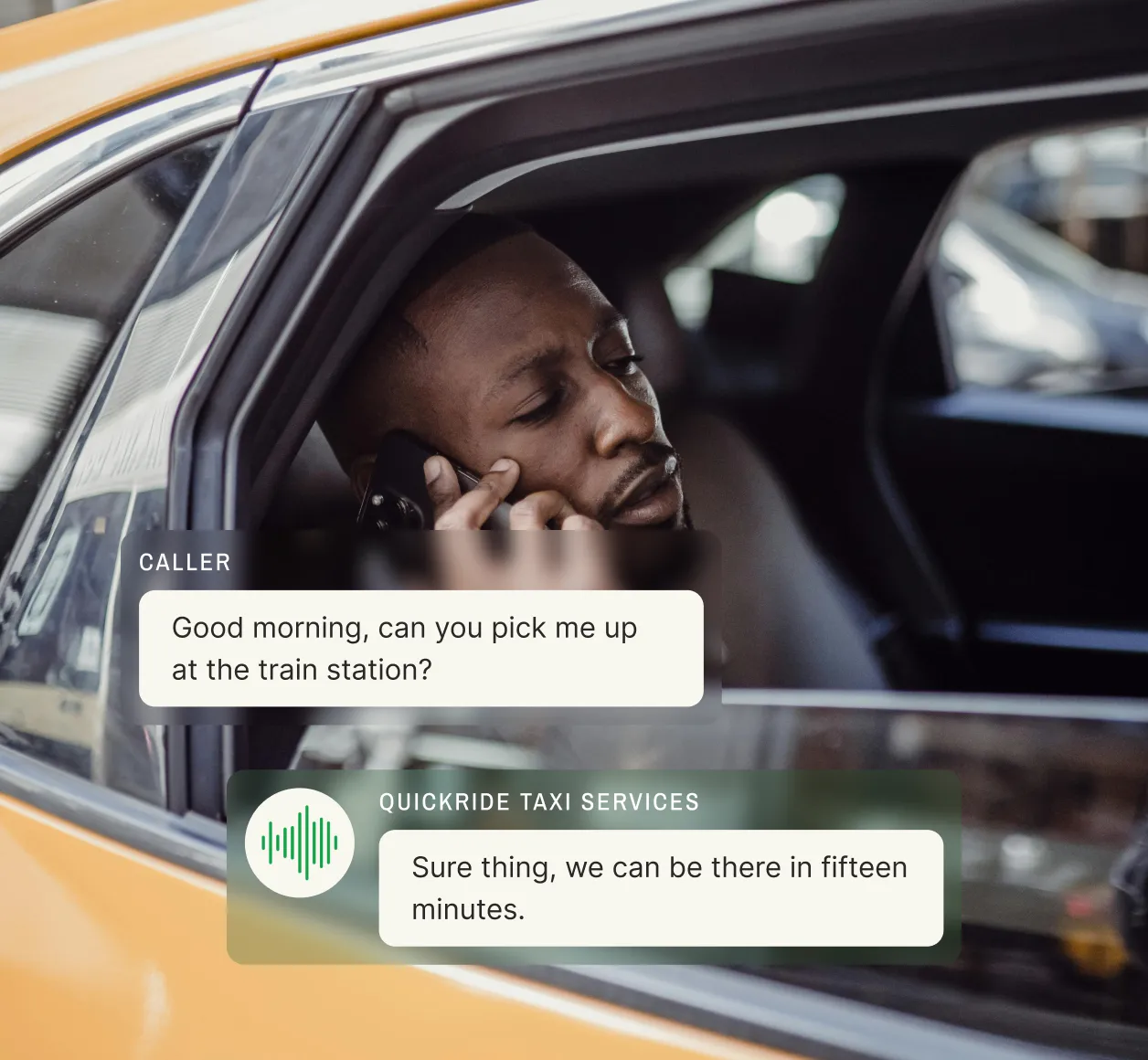 A taxi driver answers a call from a customer requesting a ride from the train station. The customer confirms pickup details.
