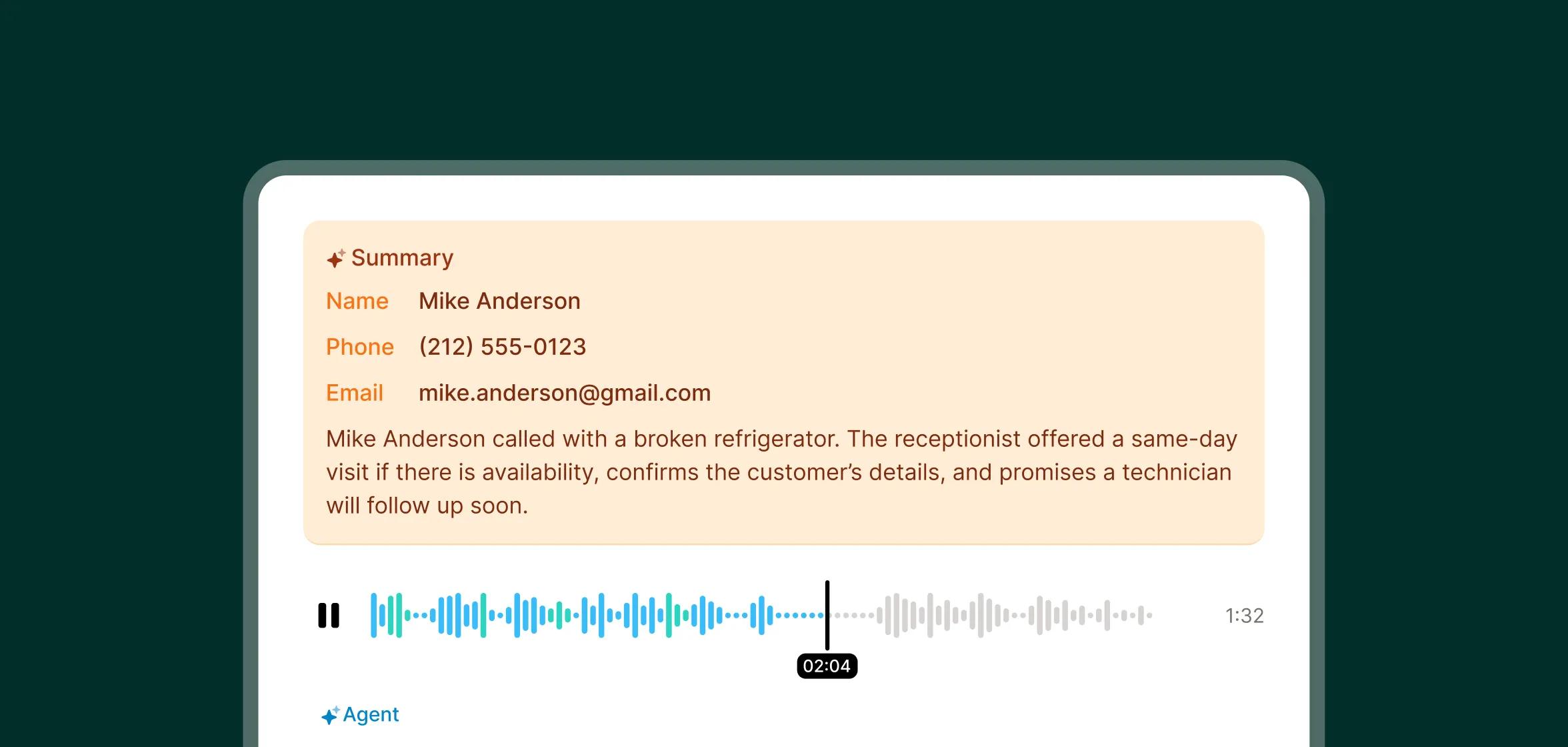 A call summary shows a customer’s contact details and notes from an appliance repair answering service conversation.