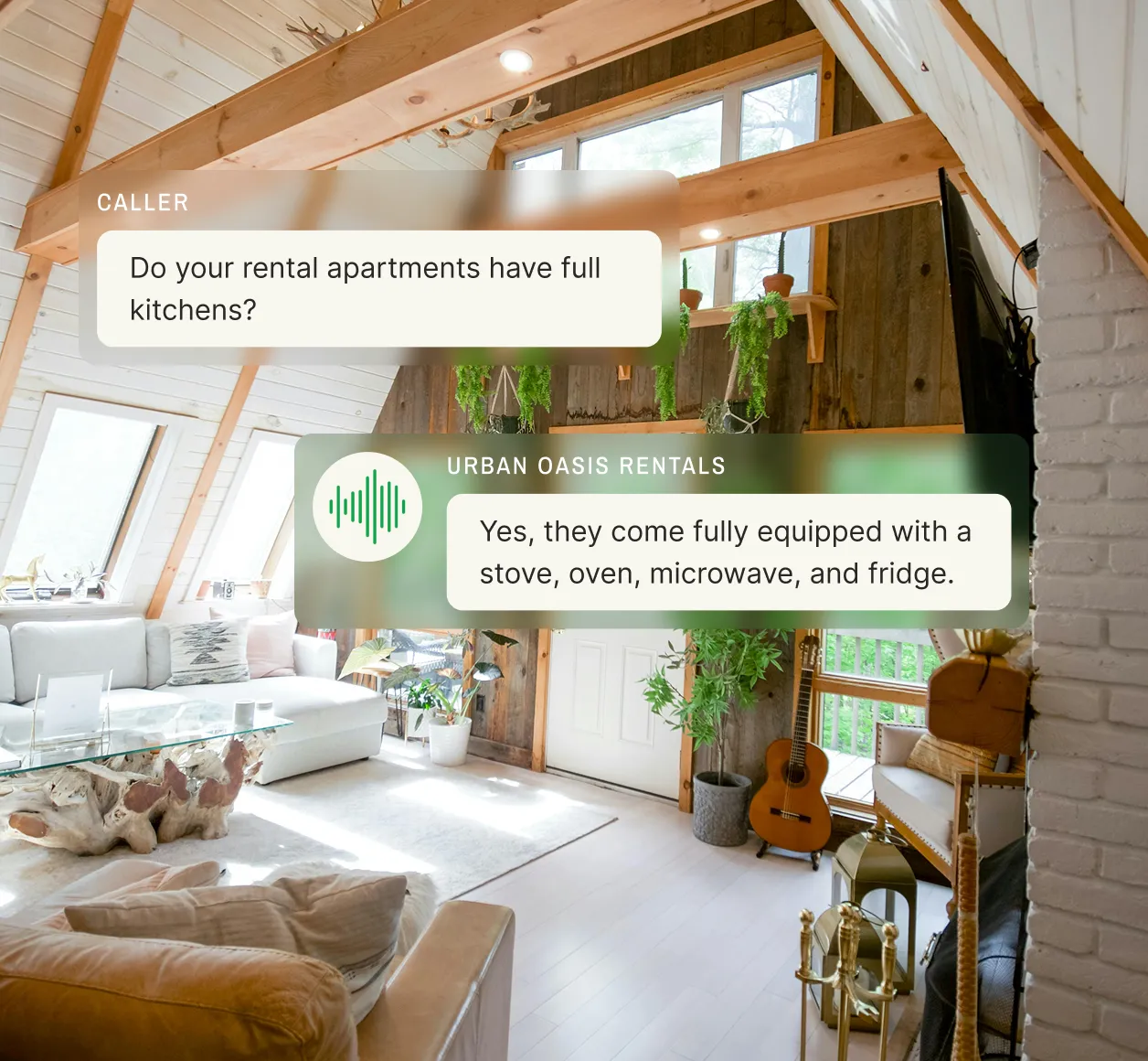 A vacation rental answering service confirms to a caller that apartments have full kitchens including a stove, oven, microwave, and fridge.
