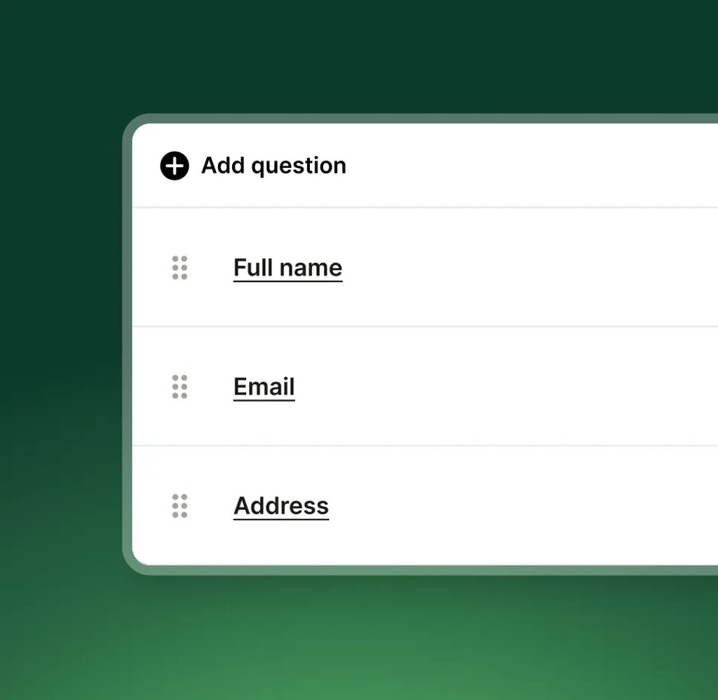Upfirst receptionist setup screen displaying a list of customizable questions including full name, email, and address.