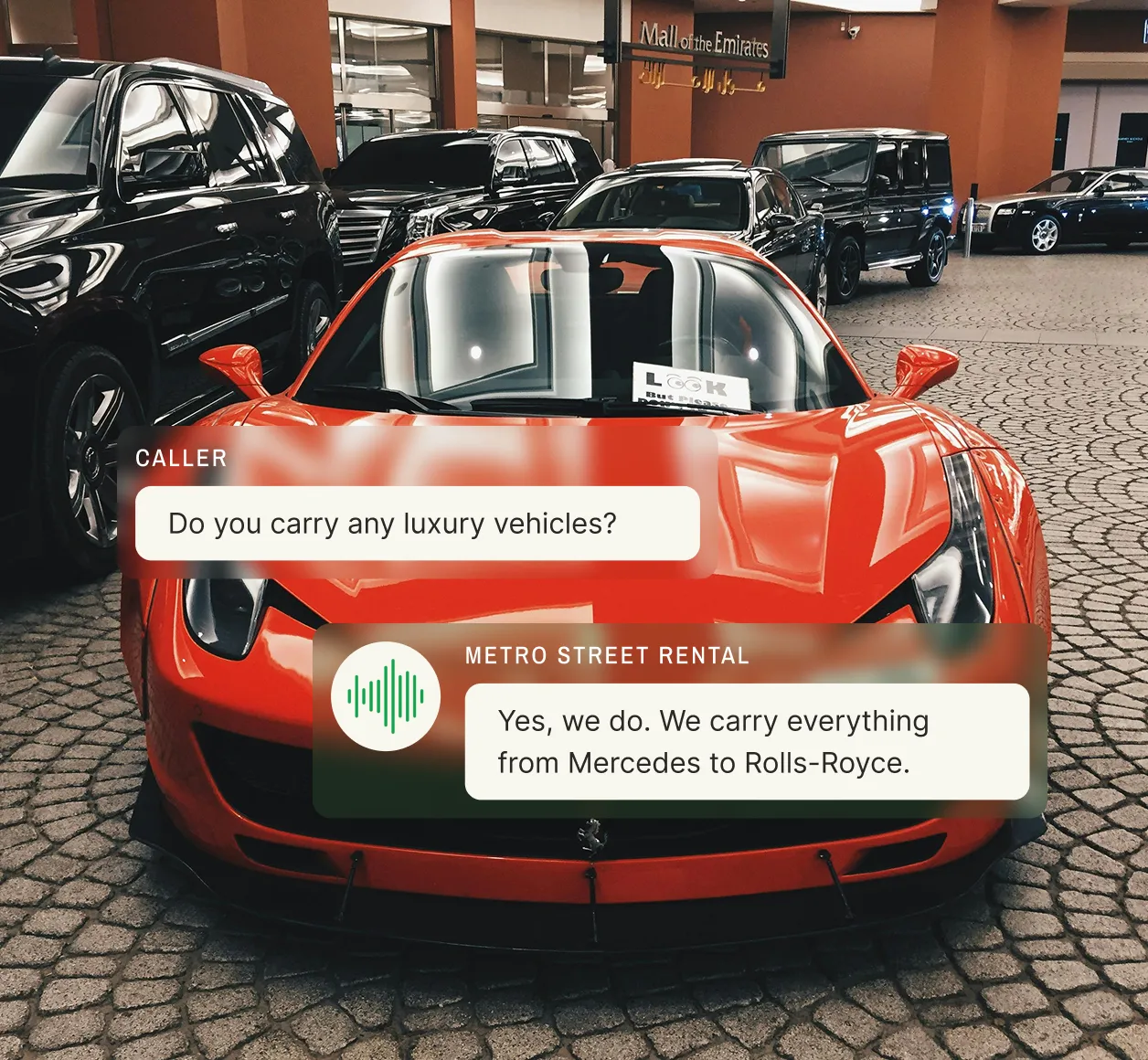 A caller asks a car rental answering service if they offer luxury vehicles, and the agent confirms availability from Mercedes to Rolls-Royce.
