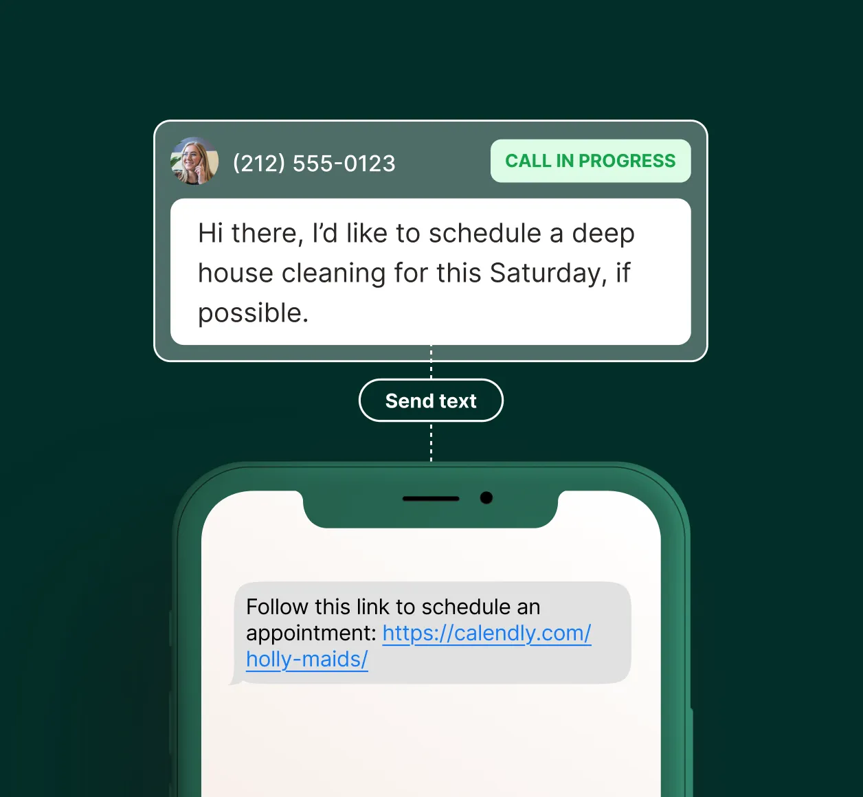 A text conversation shows an answering service for cleaning companies sending a scheduling link to a caller requesting a deep house cleaning.