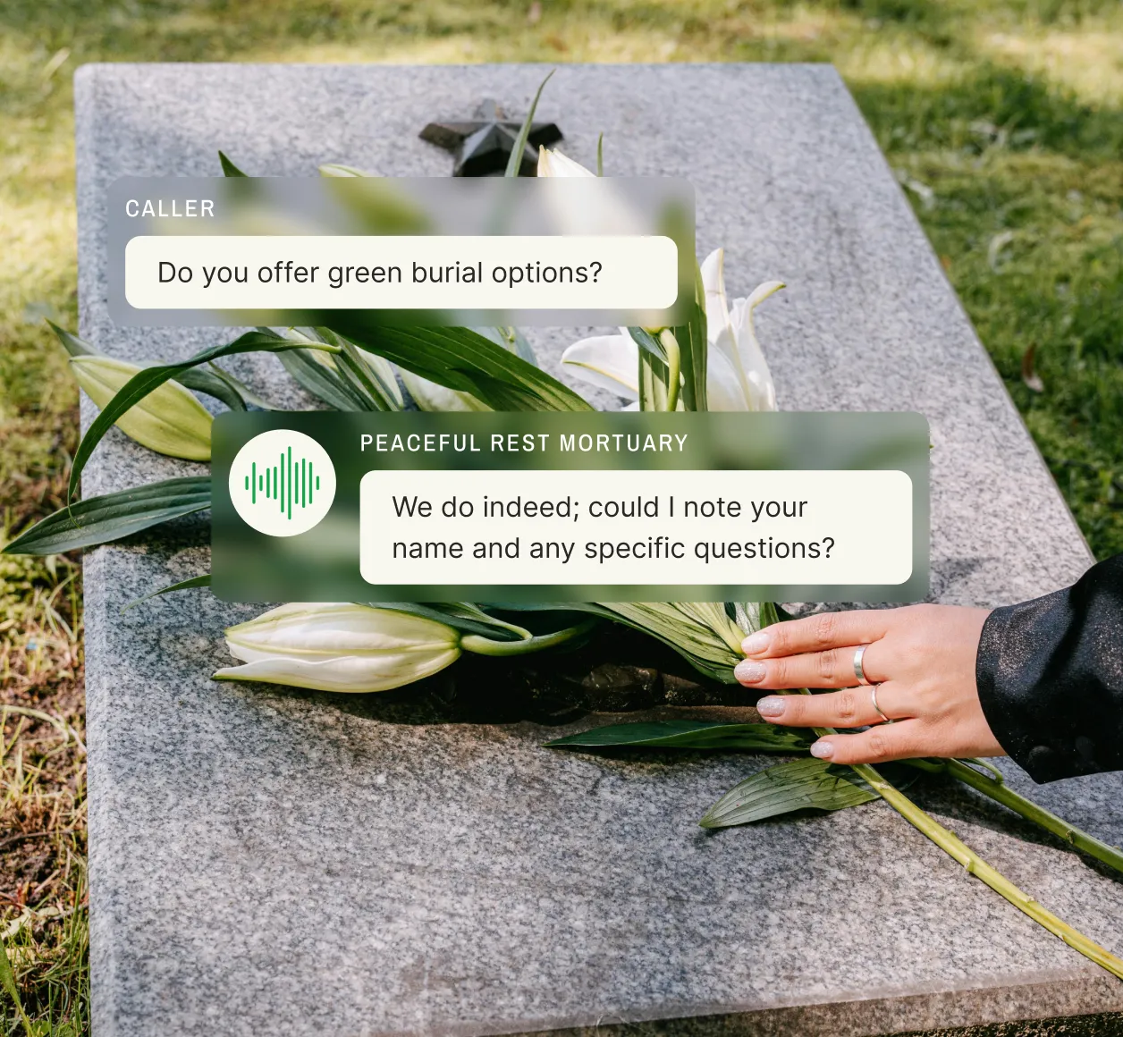 A caller asks about green burial options, and the funeral answering service representative confirms availability while requesting the caller’s name and specific questions.