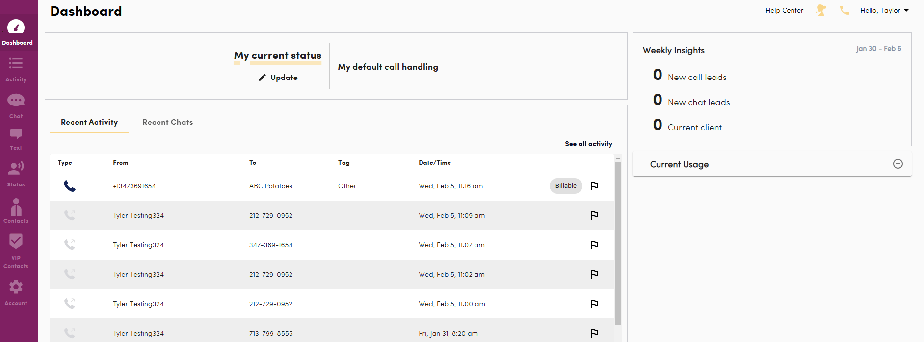 Ruby receptionist portal dashboard showing recent calls, call tags, and weekly counts of new leads and current clients
