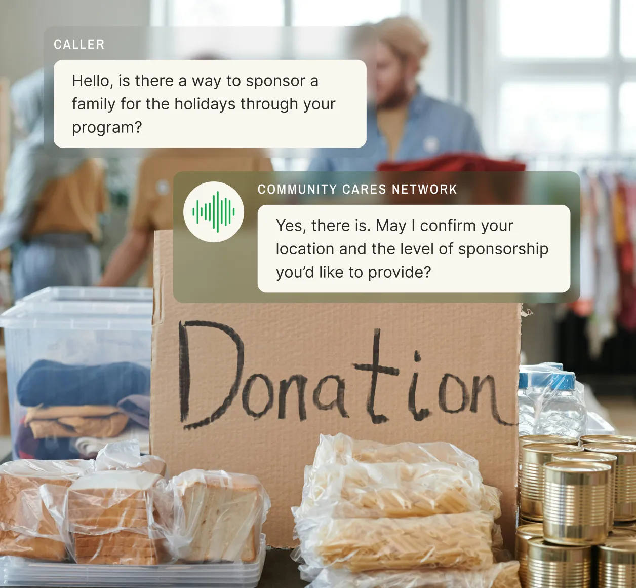 A donation station with supplies while a caller asks about sponsoring a family, and the answering service for non-profit organizations confirms sponsorship details.