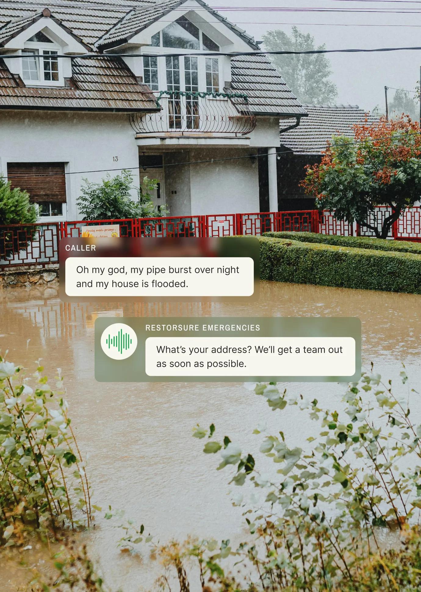 Flooded house with emergency restoration answering service responding quickly to assist with water damage and disaster restoration needs.